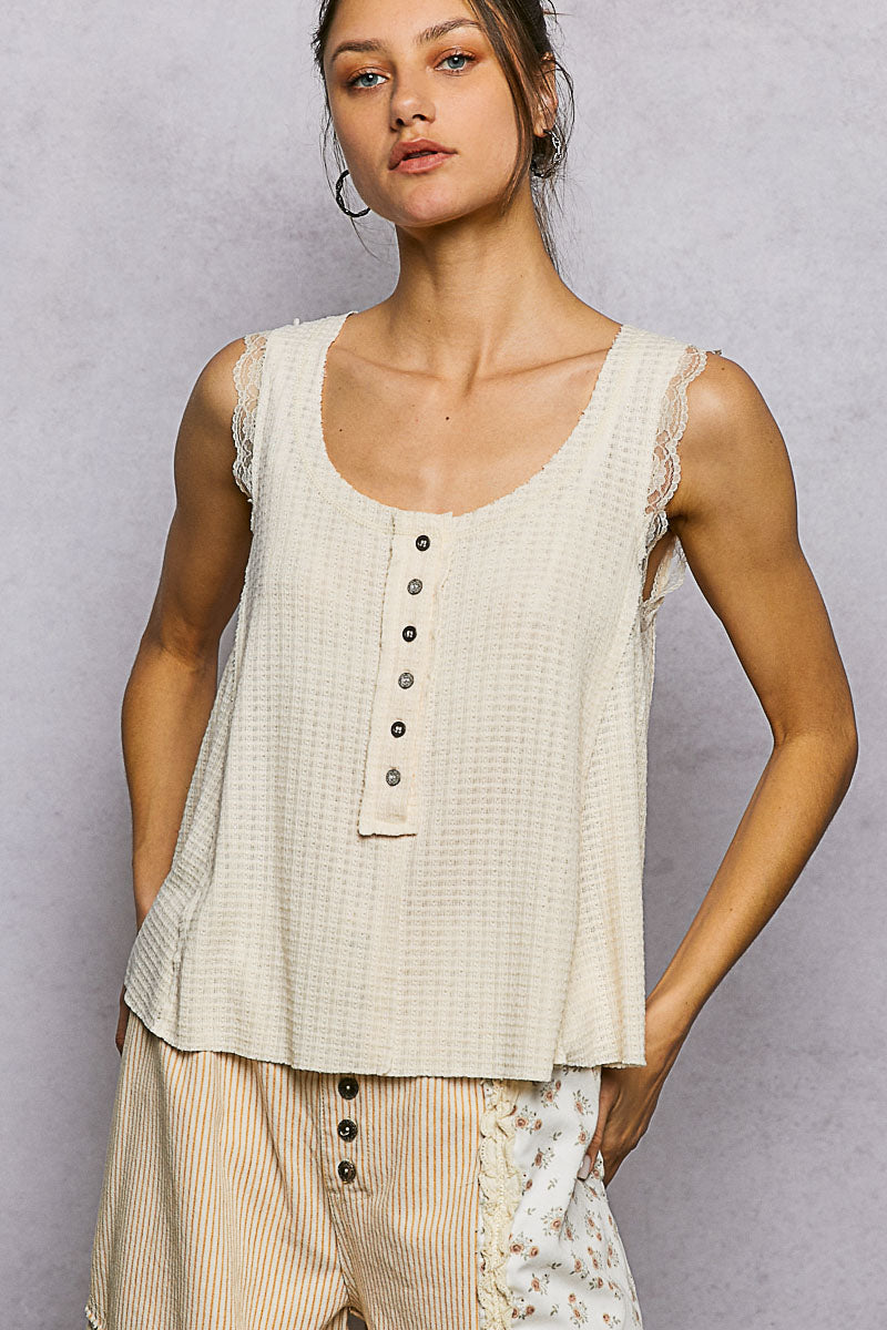 POL Textured Knit Round Neck Tank with Lace Detail - Lilixa.store