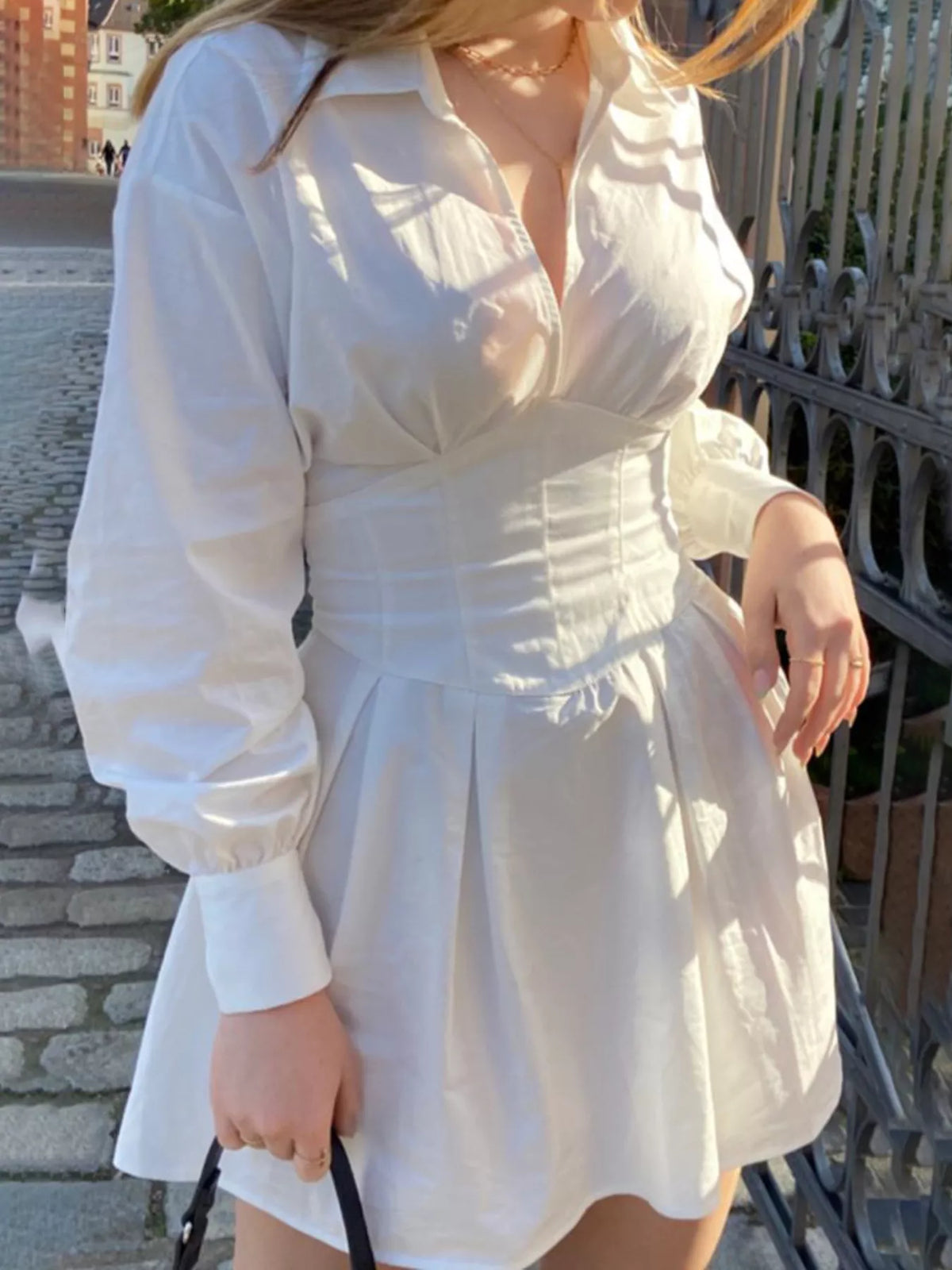Collared Neck Lantern Sleeve Mini Dress