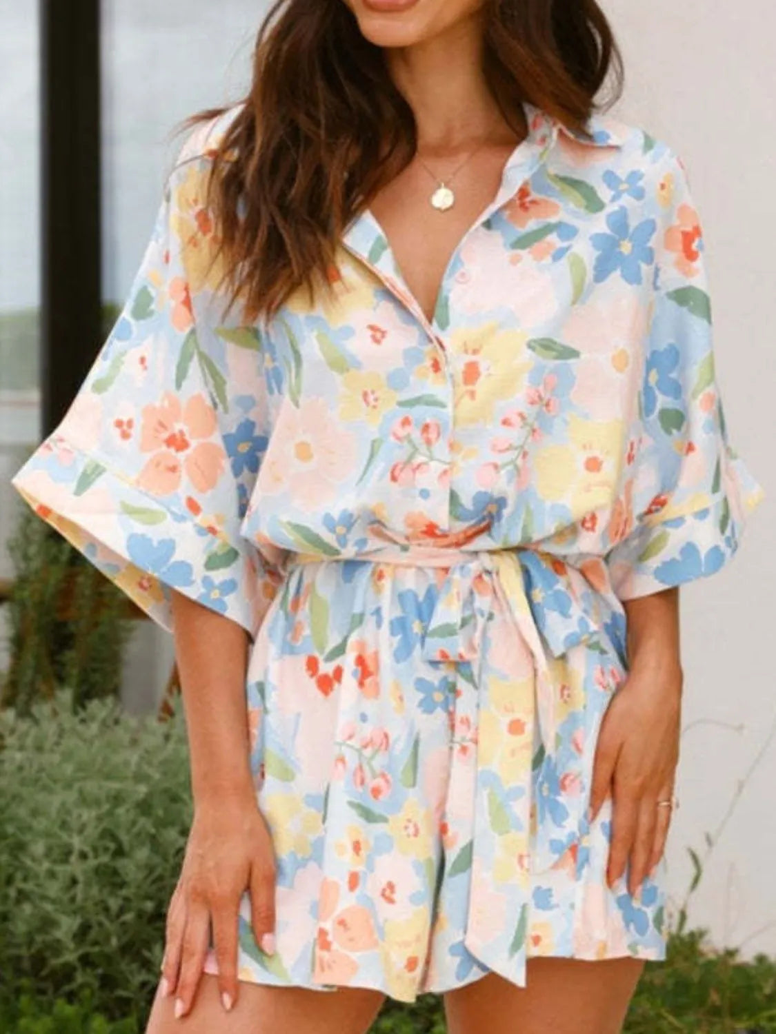 Printed Half Sleeve Tie Waist Romper - Lilixa.store