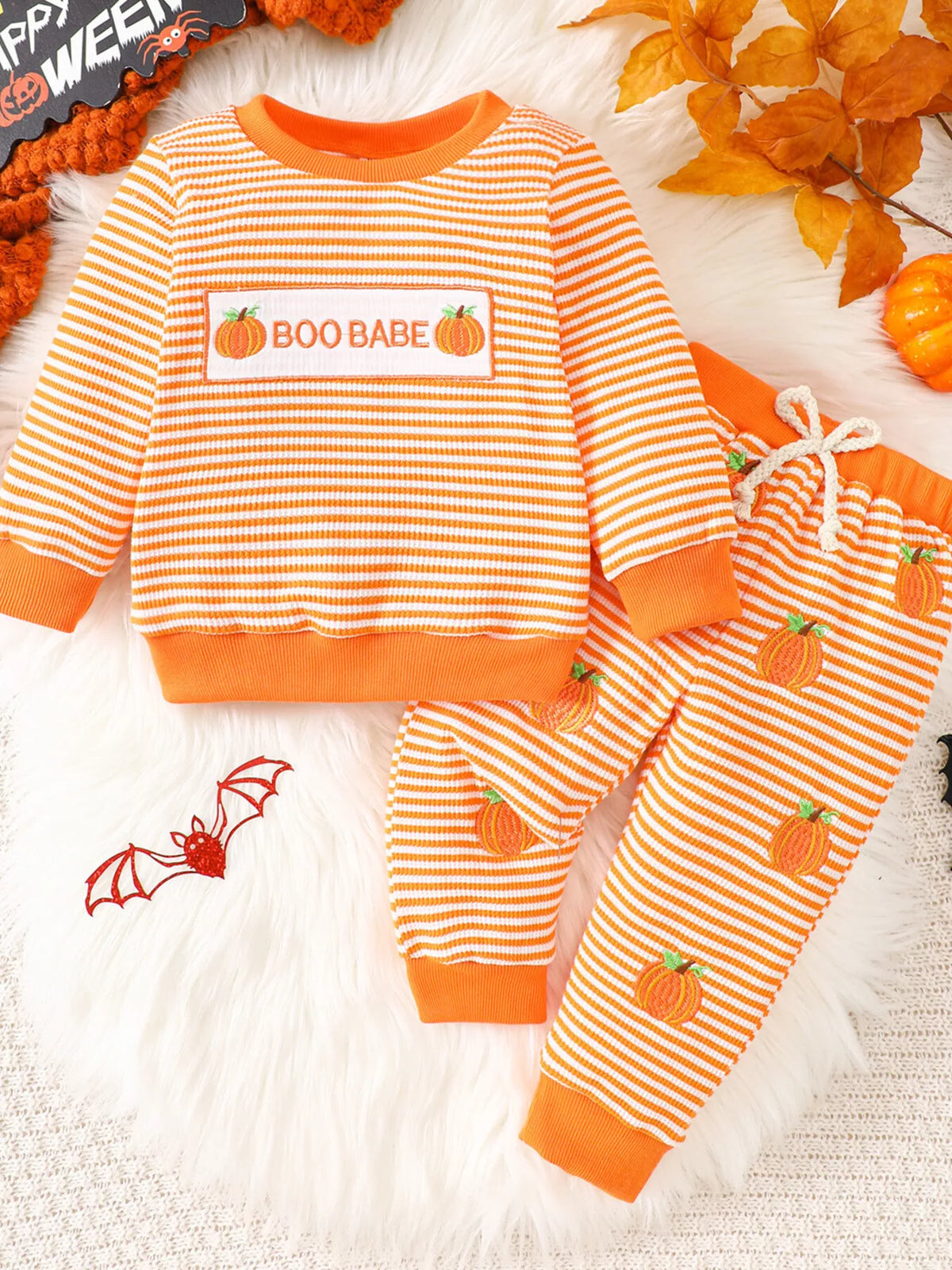 Children's Halloween Pumpkin Striped Long Sleeve Pajama Set - Lilixa.store