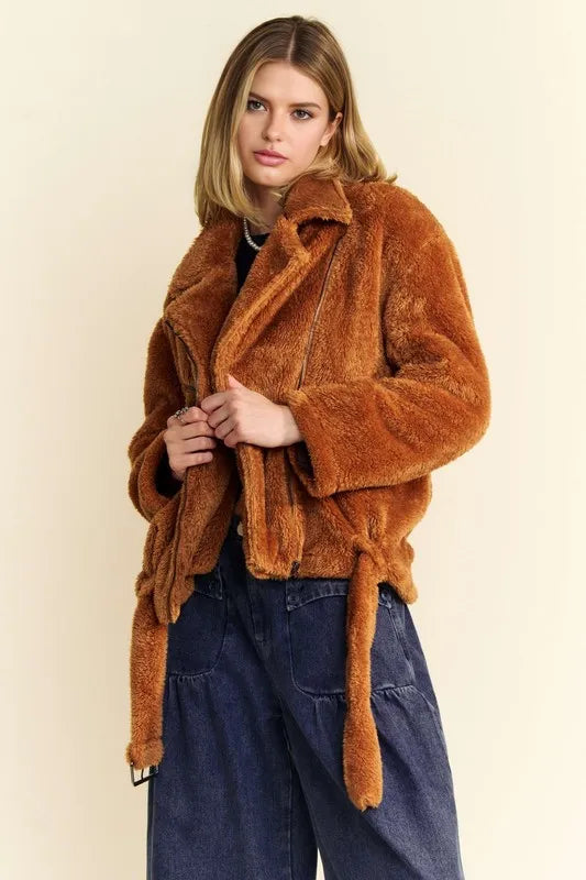 Davi & Dani Fuzzy Zip Up Collared Neck Jacket in Brown, view 5