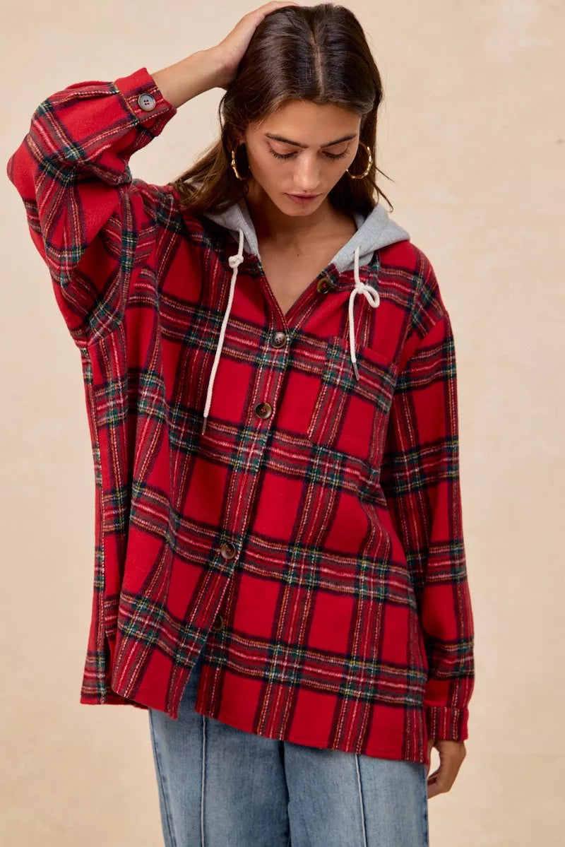 BiBi Brushed Plaid Hooded Jacket in Red Plaid, view 15