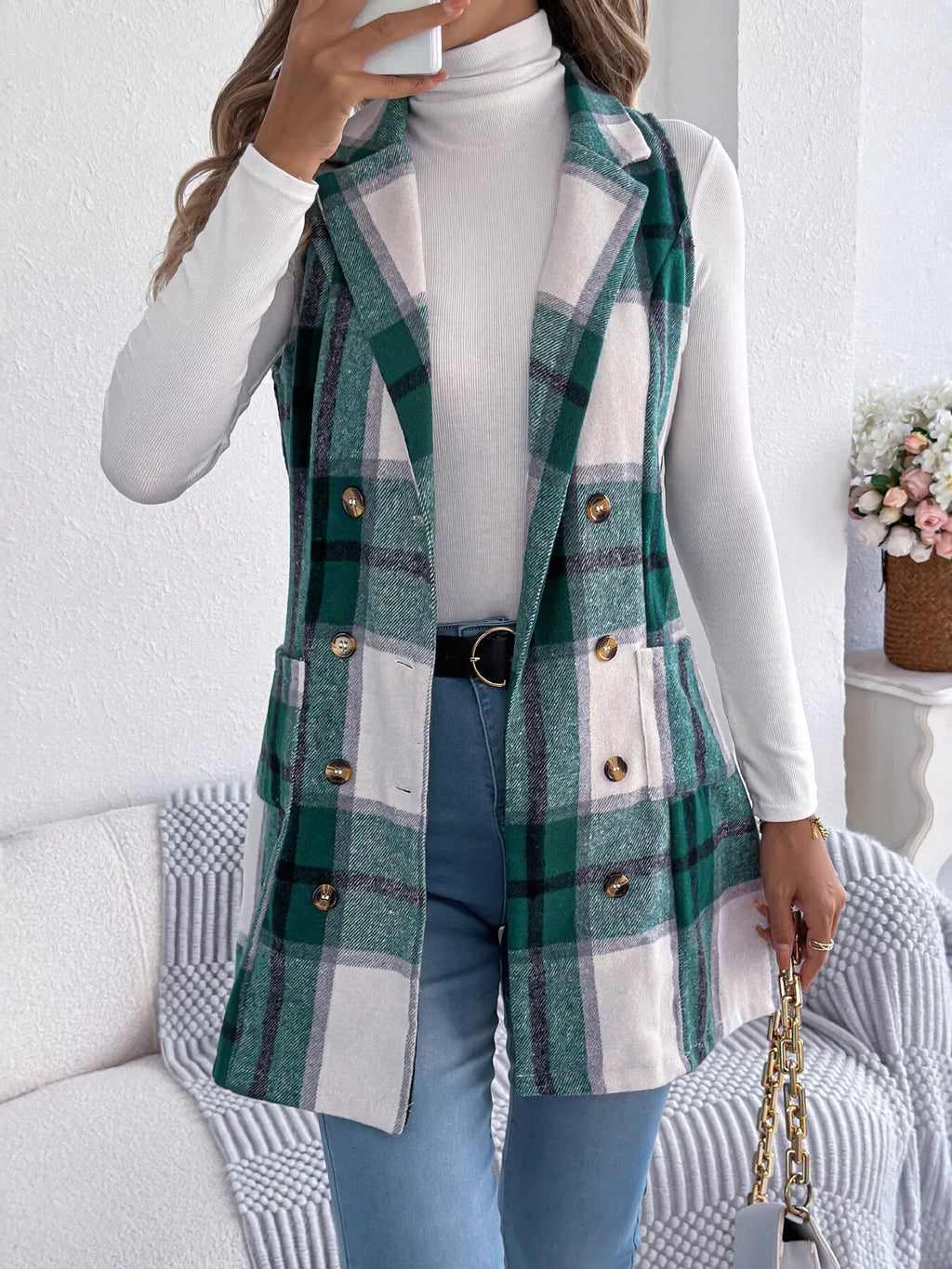 Plaid Double-Breasted Vest Coat - Lilixa.store