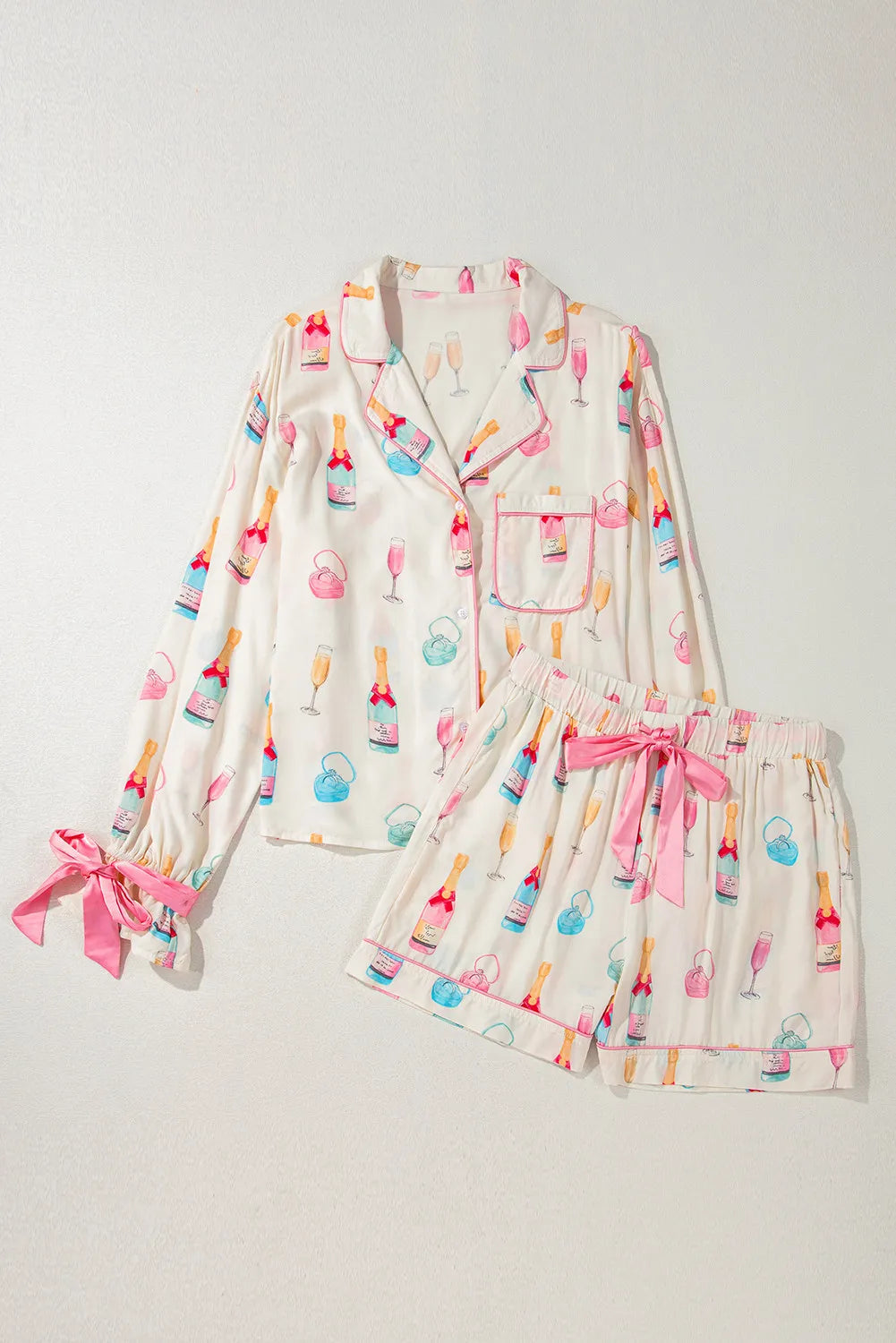 Bow Printed Collared Neck Top and Drawstring Shorts Lounge Set - Lilixa.store