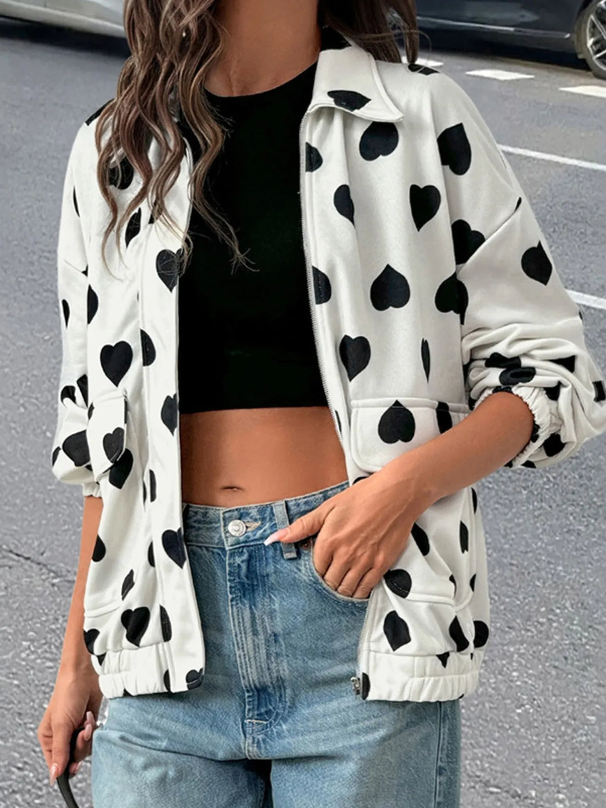 Heart Print Zip Up Jacket in White, view 4