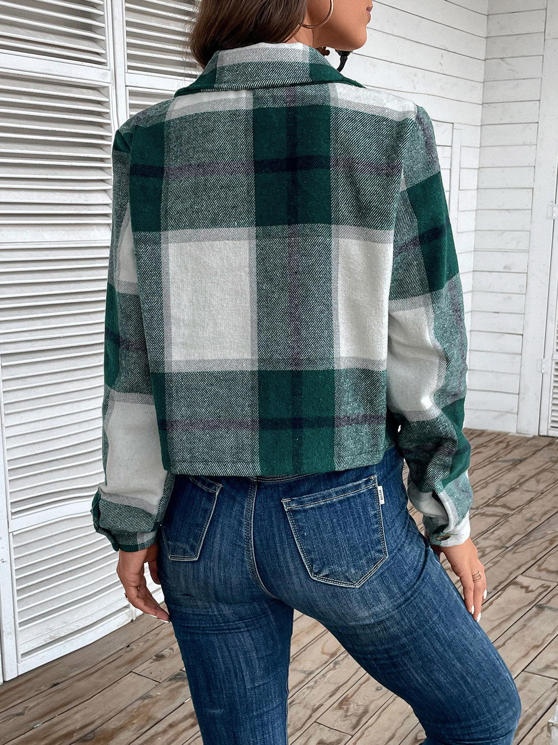 Perfee Plaid Collared Neck Button Up Long Sleeve Jacket in Green, view 2