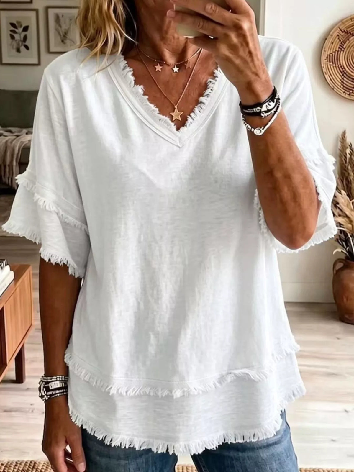 Full Size Frayed Edge V-Neck Blouse Plus Size - Lilixa.store