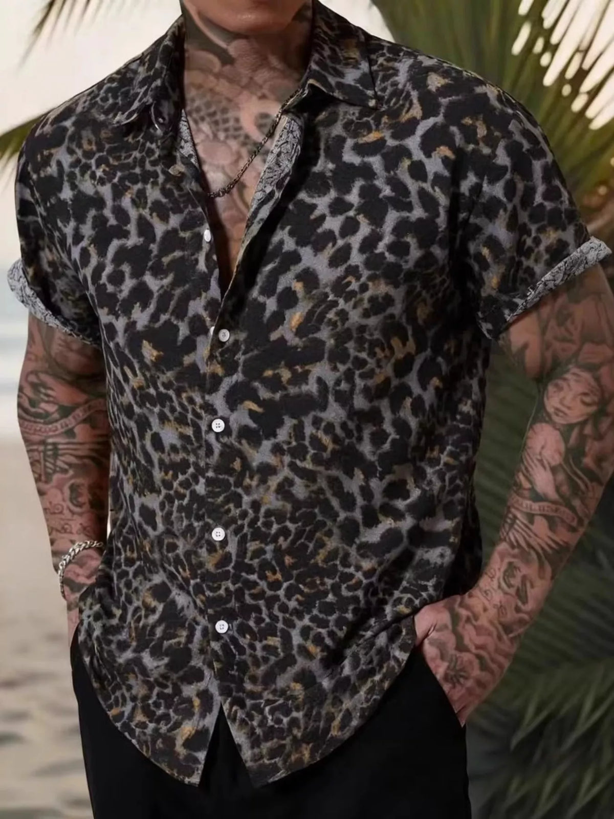 Men's Short Sleeve Leopard Print Casual Button-Down Shirt - Lilixa.store