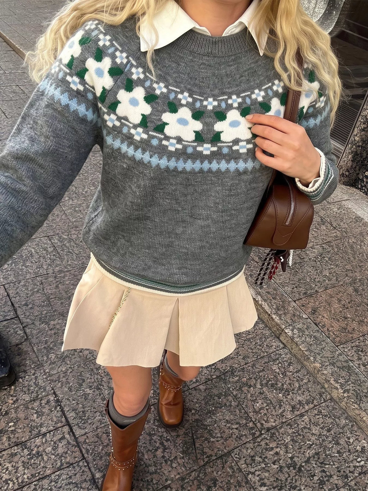 Floral Pattern Round Neck Sweater