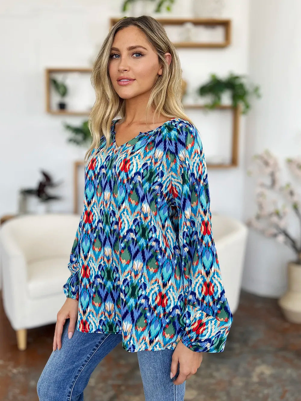 Double Take Full Size Printed Balloon Sleeve Blouse - Lilixa.store