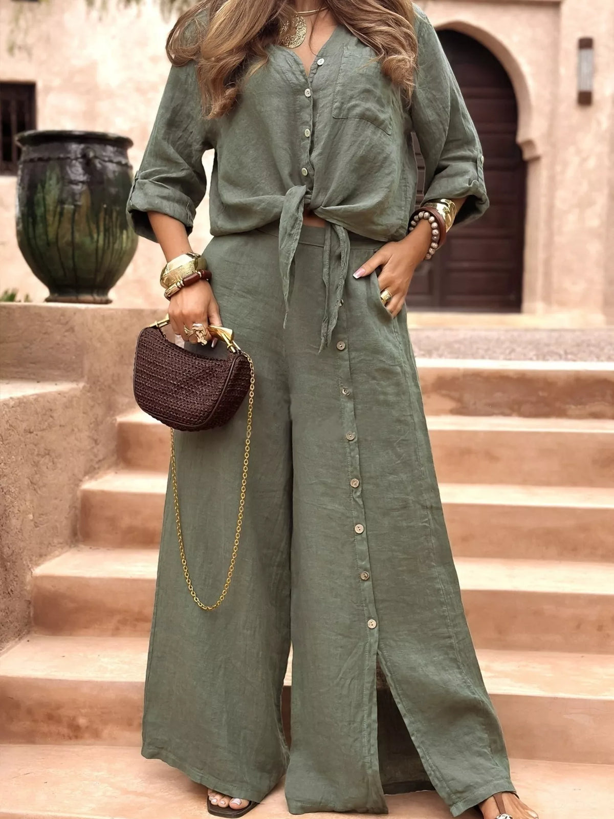 Full Size Button Up Shirt and Wide-Leg Pant Set Plus Size, view 5