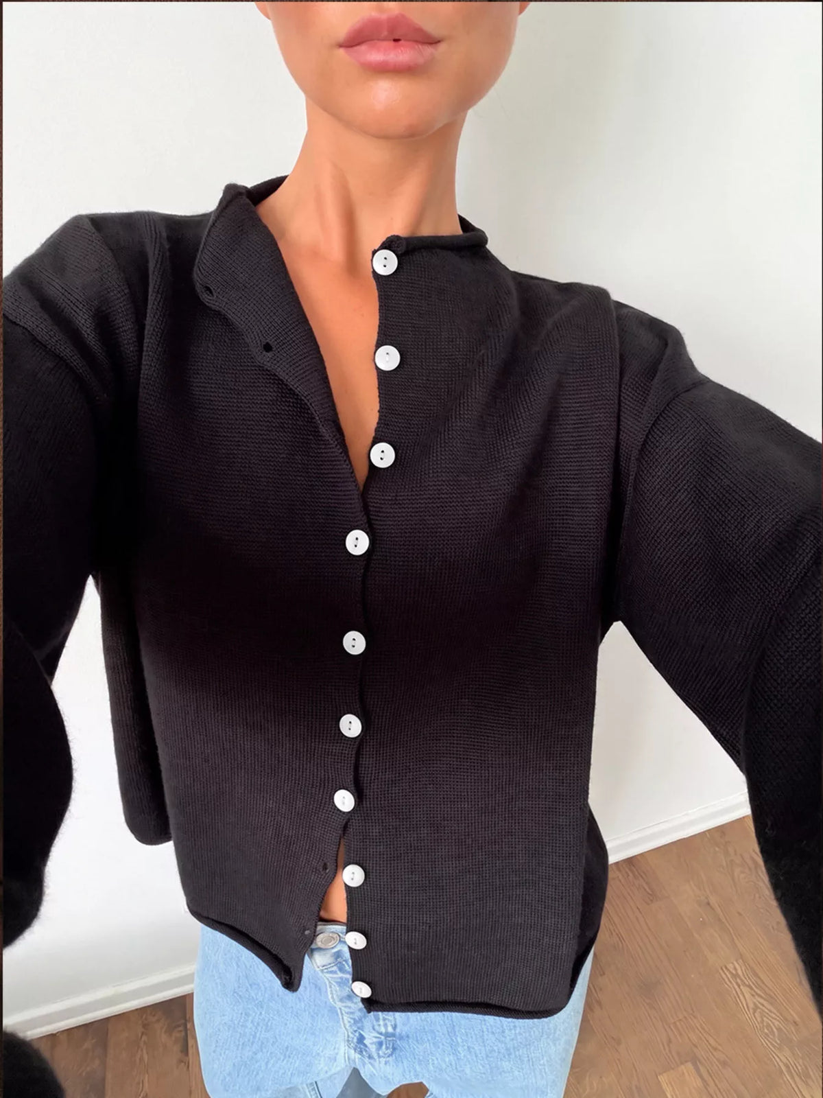 Mock Neck Button-Down Knit Cardigan in Black