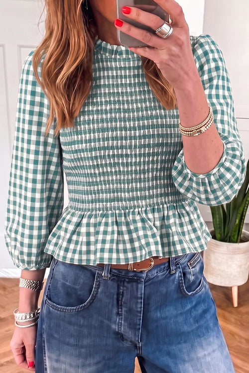 3/4 Sleeve Shirred Plaid Peplum Top - Lilixa.store