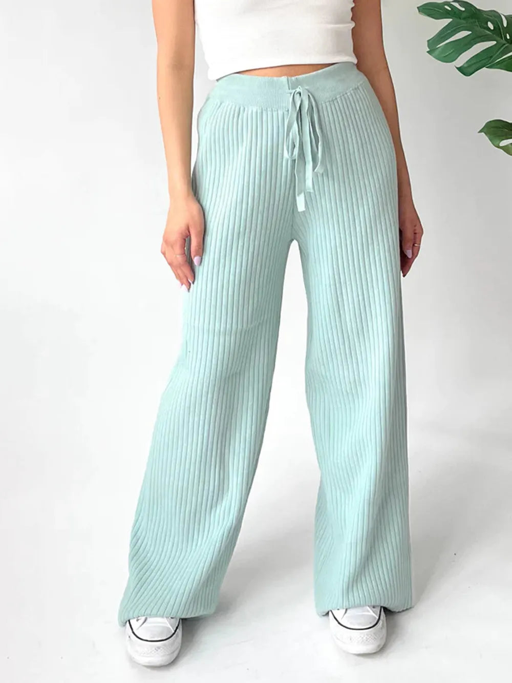 Ribbed Wide Leg Sweater Pants in Mint Blue