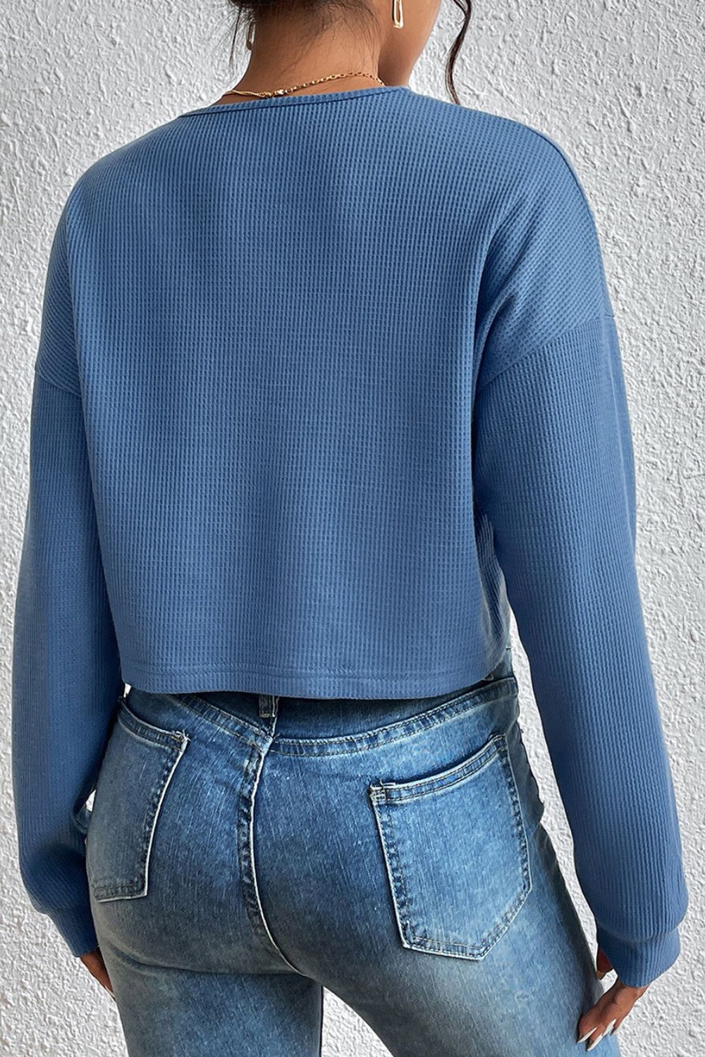 Ivy Lane Cropped V-Neck Raglan Sleeve Buttoned Blouse in Dusty Blue, view 2