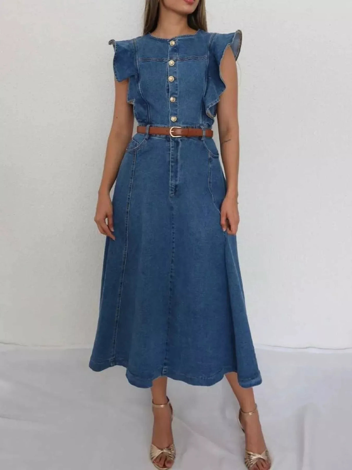 Ruffled Button Front Denim Dress - Lilixa.store