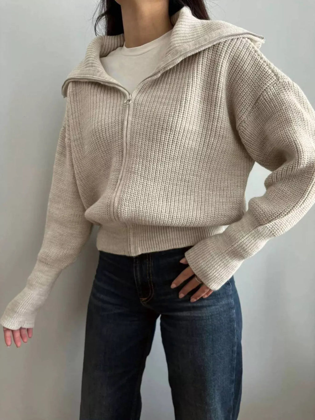 Zip Up Dropped Shoulder Cardigan - Lilixa.store