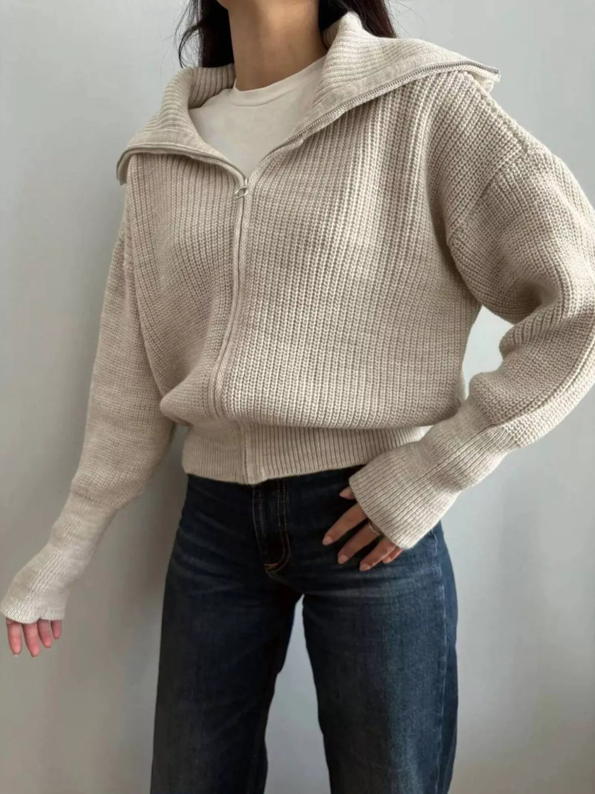 Zip Up Dropped Shoulder Cardigan - Lilixa.store