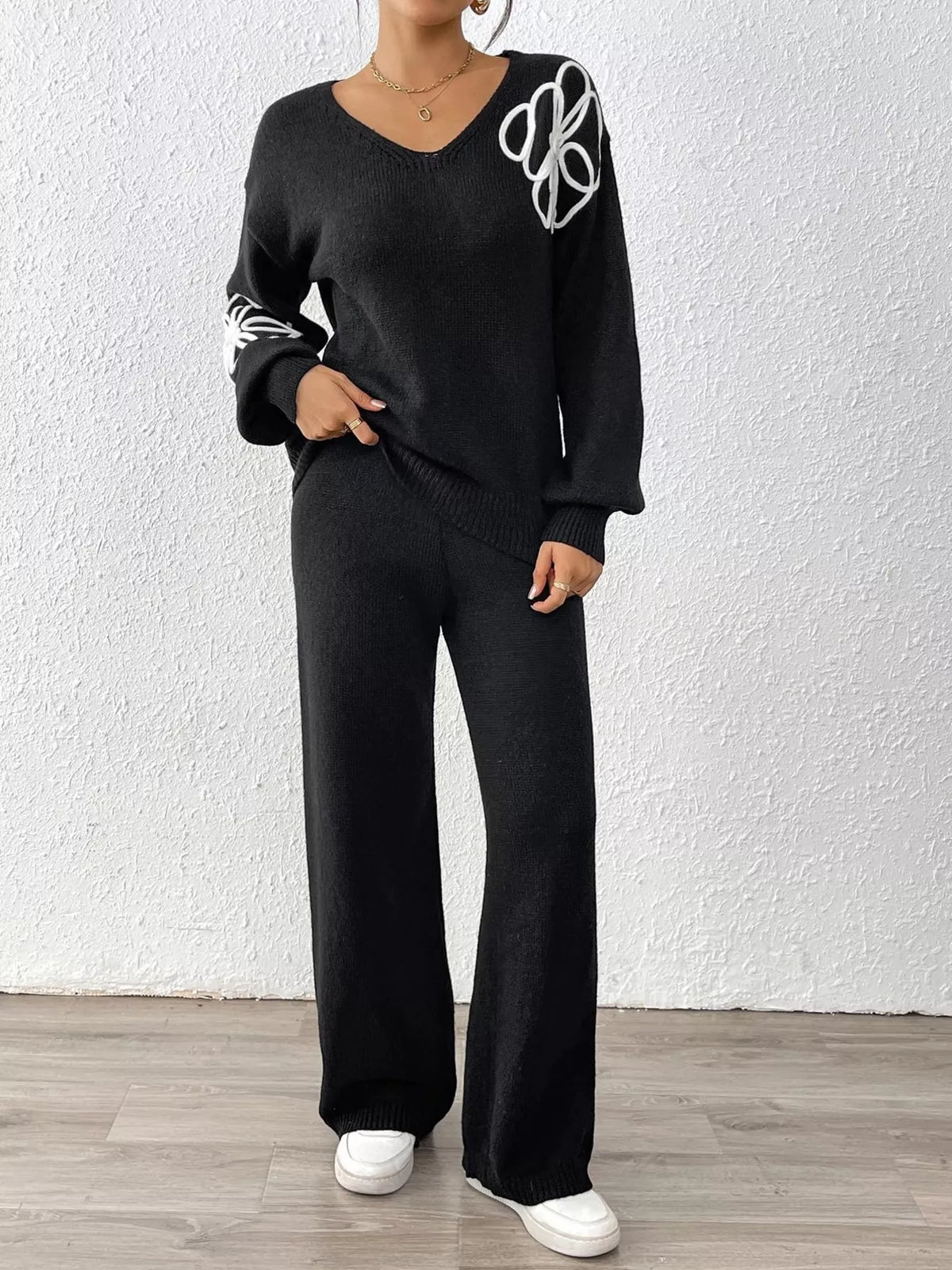 V-Neck Dropped Shoulder Top and Pants Sweater Set