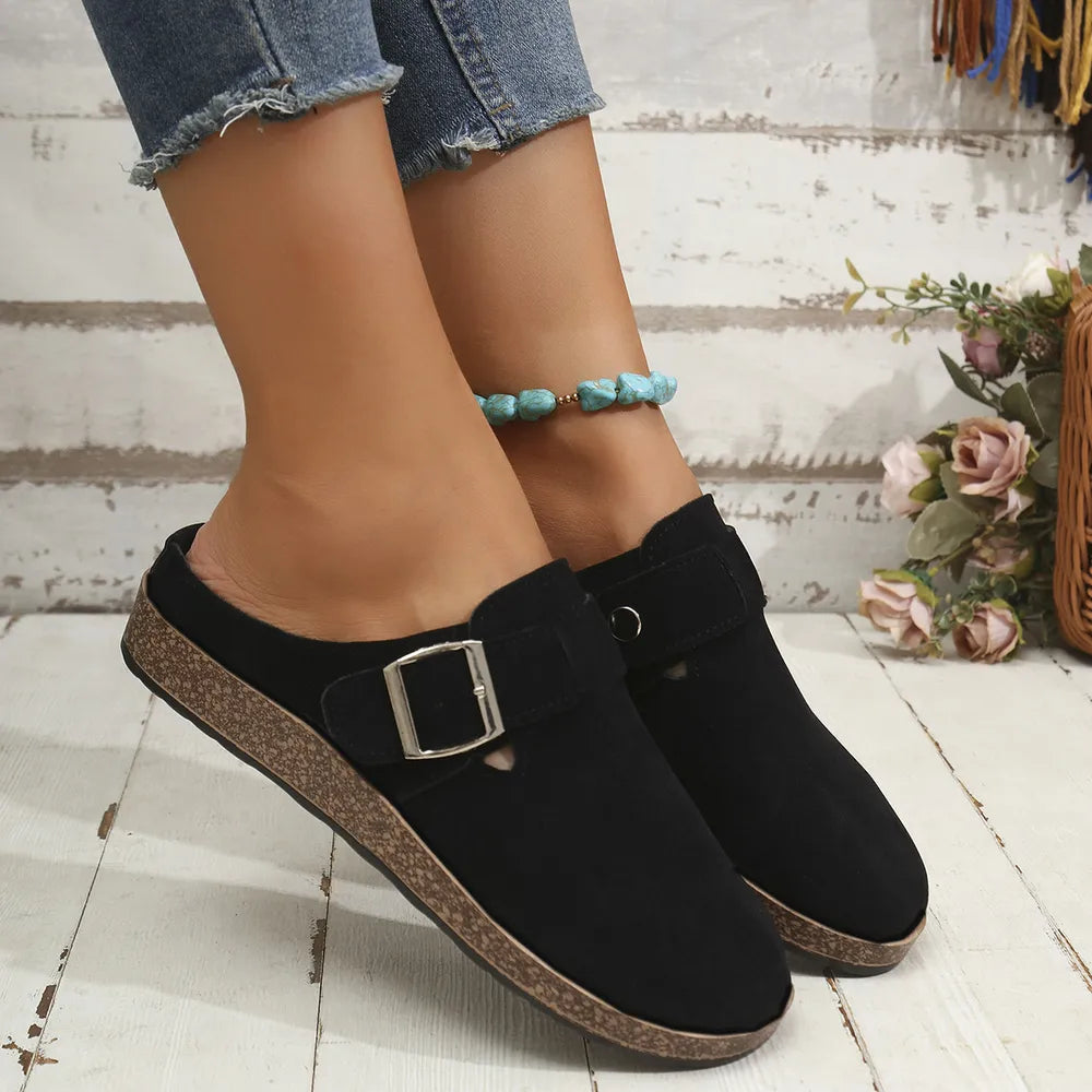 Suede Round Toe Buckle Slip-Ons in Black