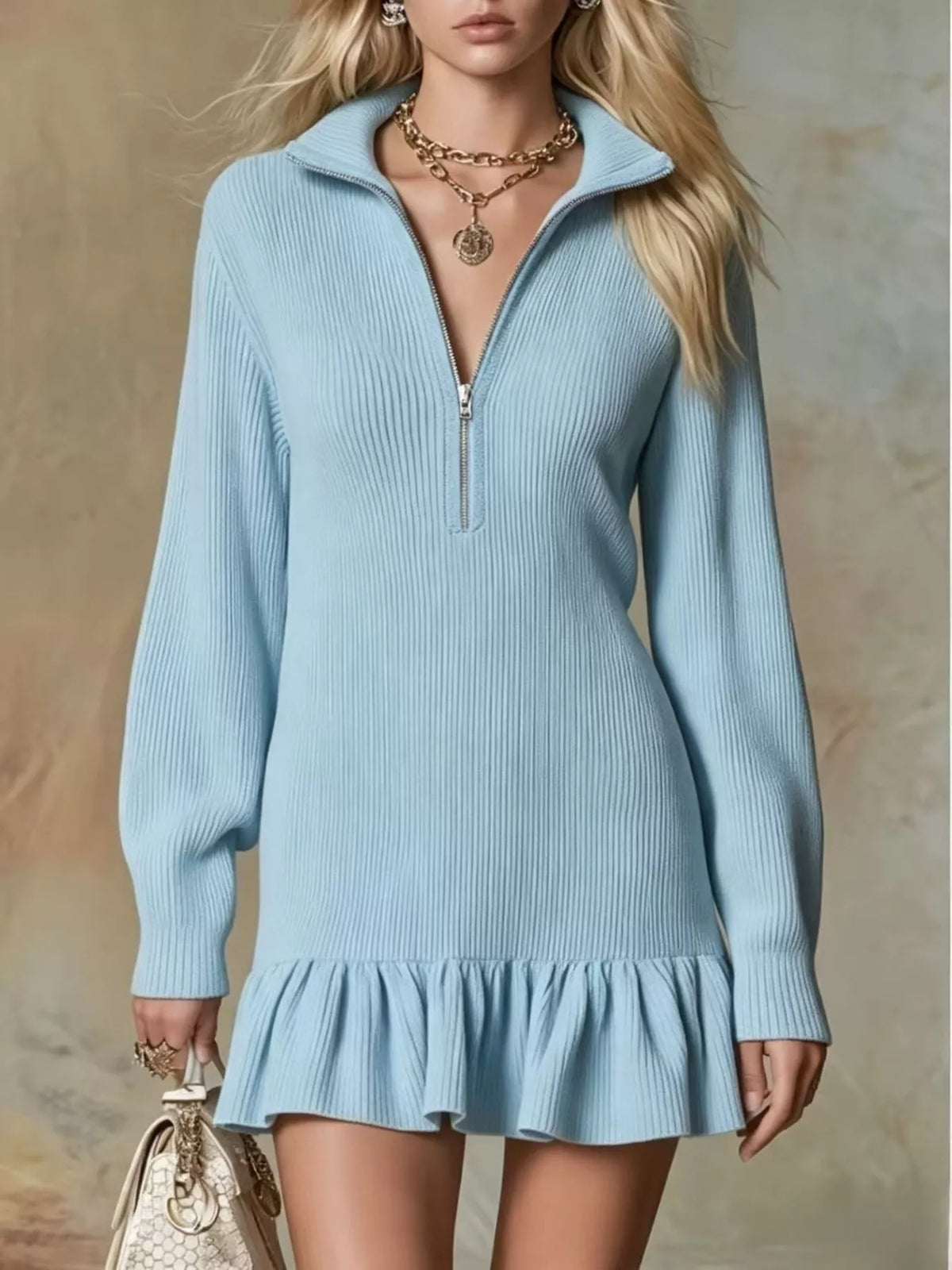 Ruffle Hem Half Zip Dress - Lilixa.store