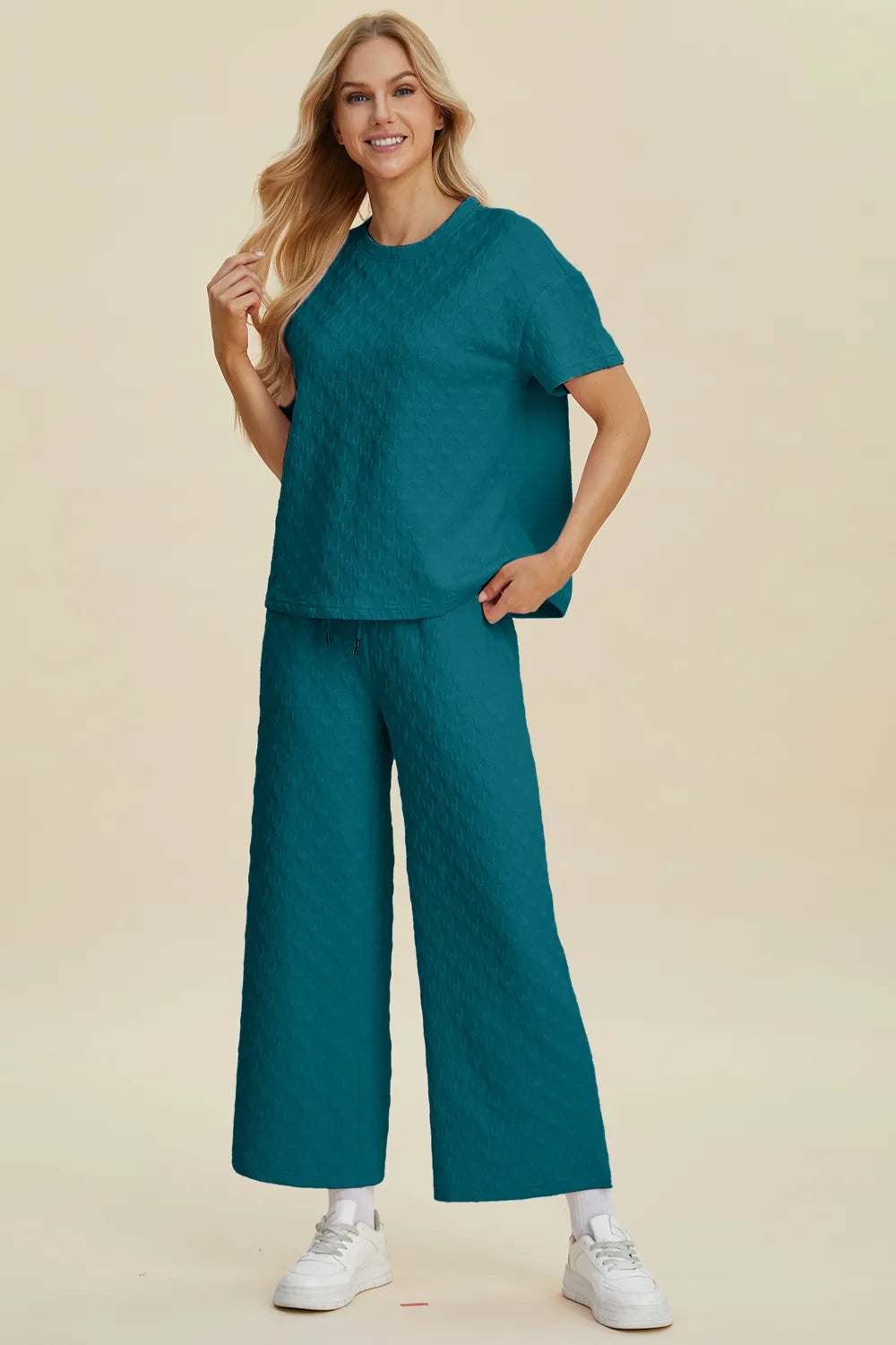 Double Take Full Size Texture Round Neck Short Sleeve Top and Pants Set, view 10
