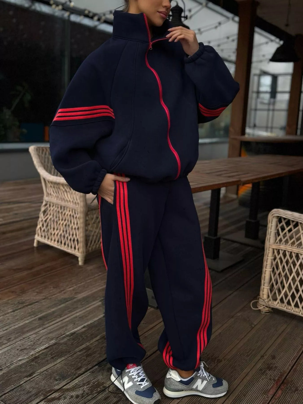 Contrast Striped Zip Up Top and Pants Set - Lilixa.store