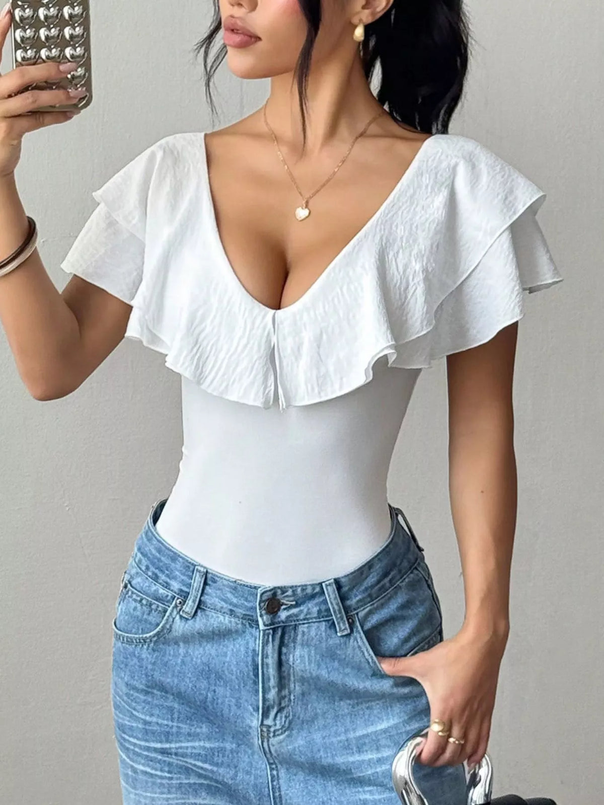 Ruffle Trim V-Neck Bodysuit - Lilixa.store