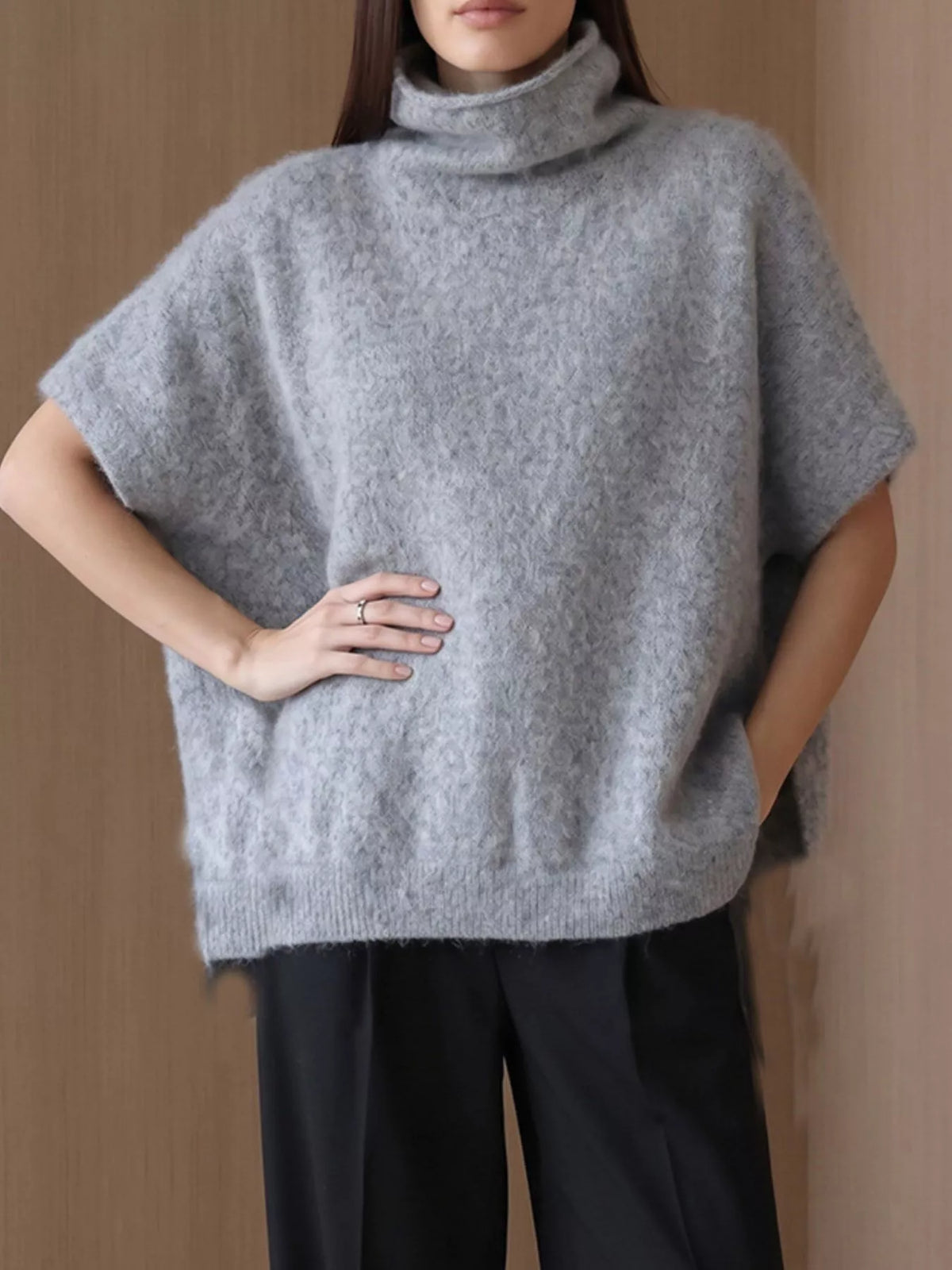 Turtleneck Fuzzy Short Sleeve Sweater, view 15