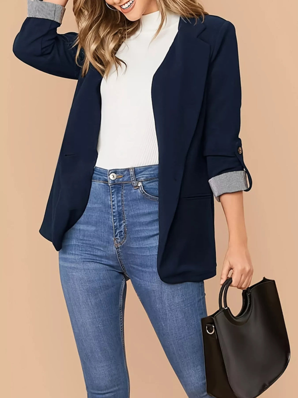 One Button Roll-Up Sleeve Blazer - Lilixa.store