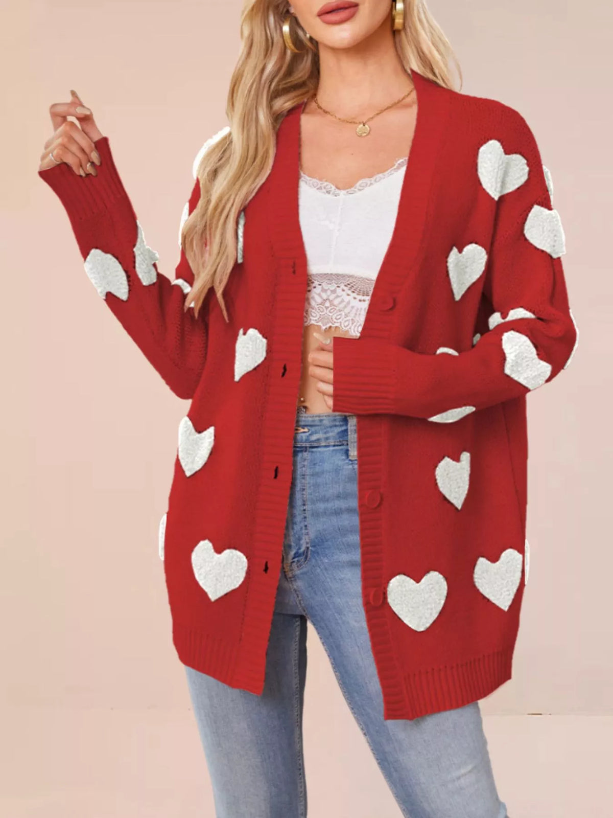 Heart Pattern V-Neck Button-Down Knit Cardigan - Lilixa.store