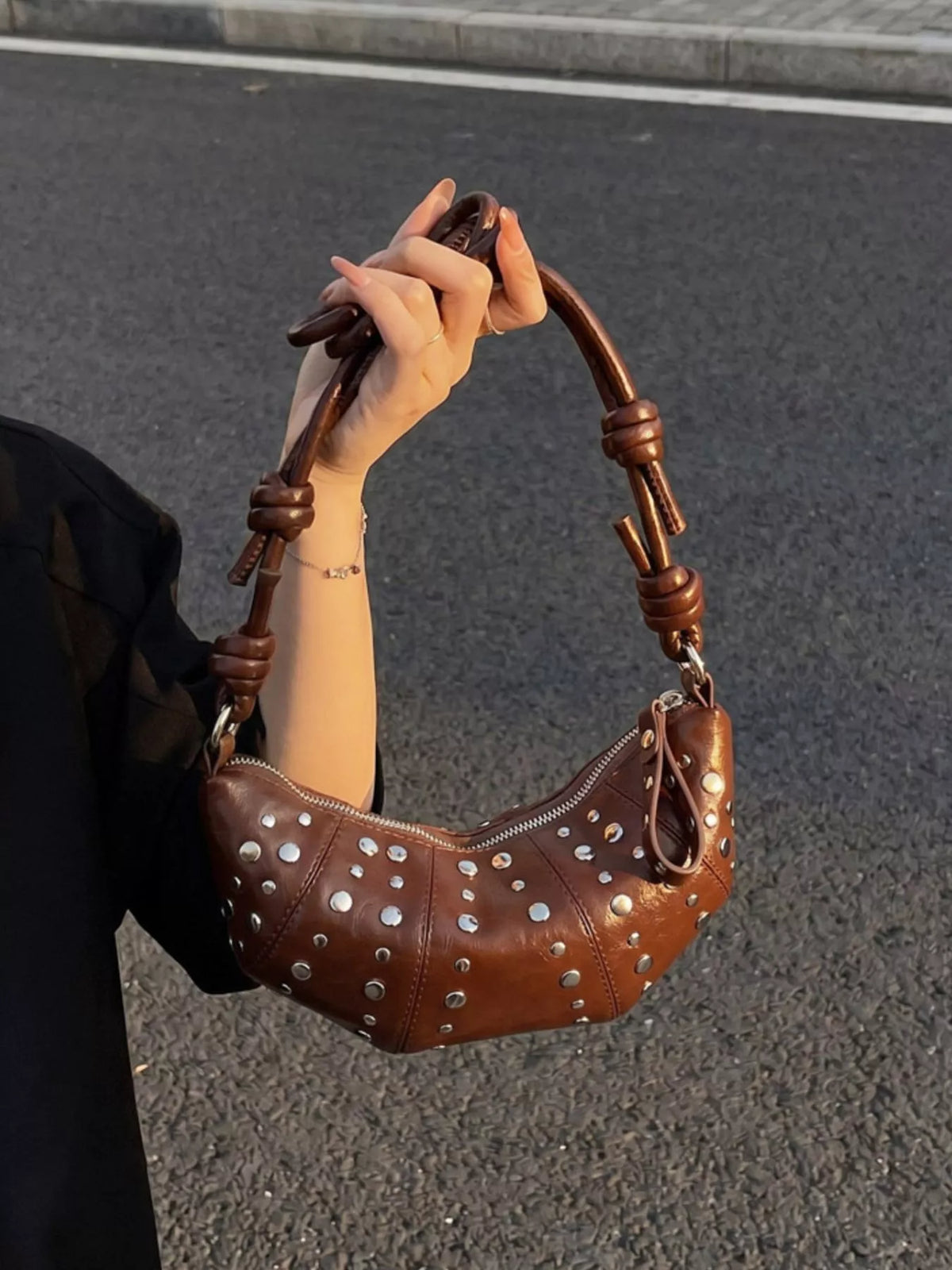 Studded Crescent Shoulder Bag - Lilixa.store