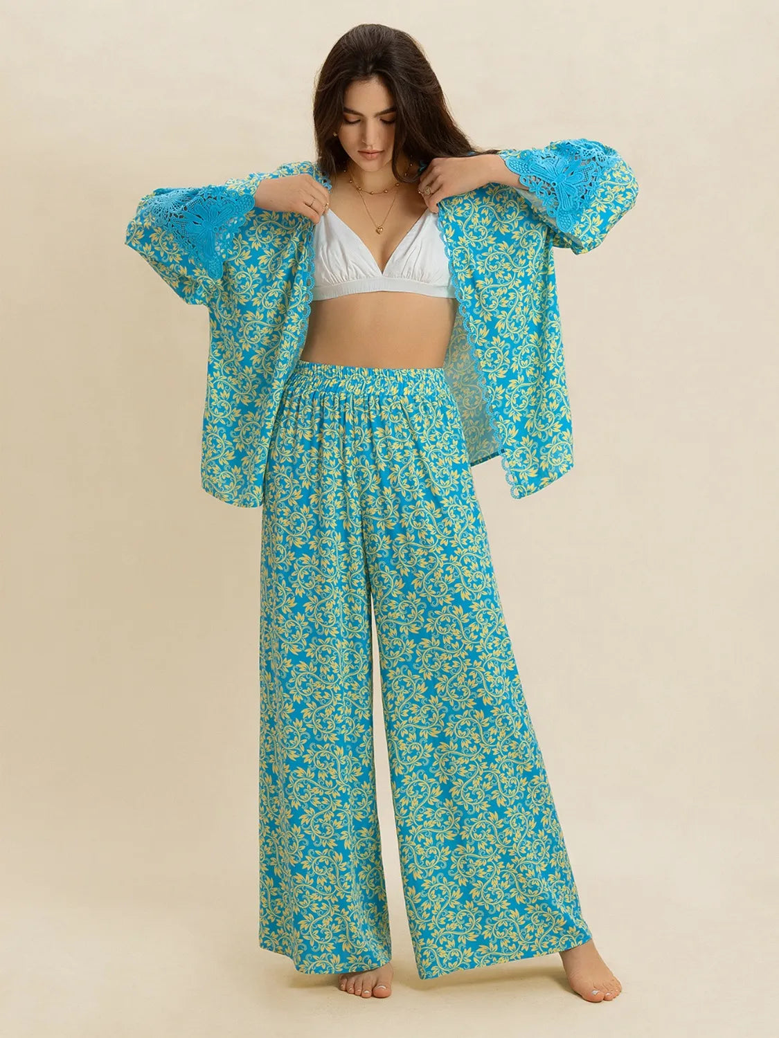 Open Front Printed Top and Pants Set - Lilixa.store