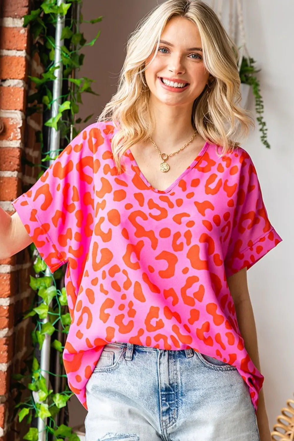 First Love Leopard V-Neck Short Sleeve Woven Top - Lilixa.store