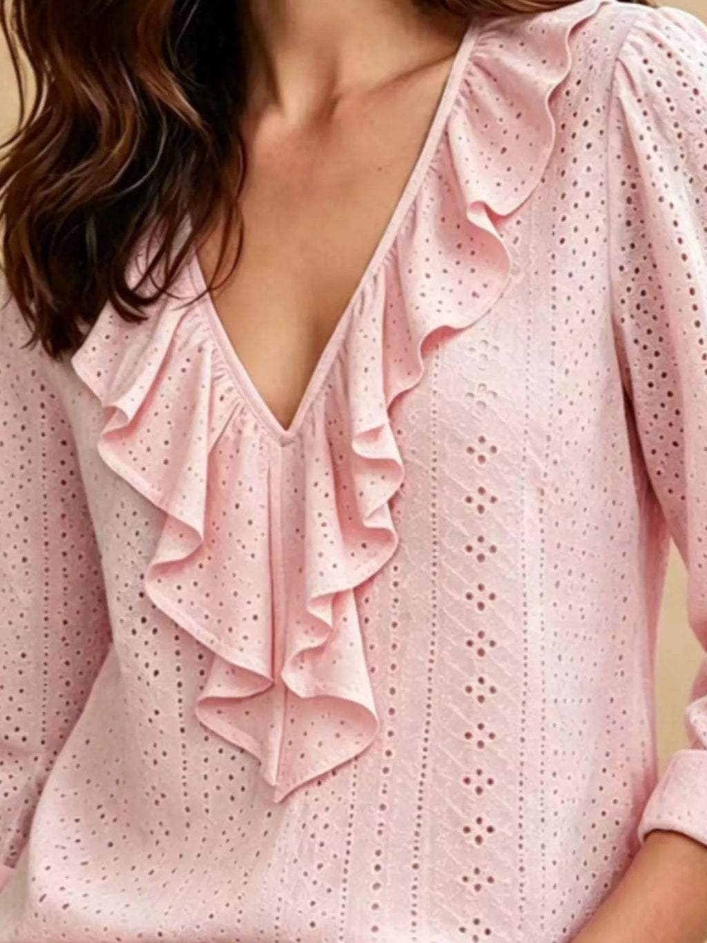 Eyelet Ruffle V-Neck Blouse - Lilixa.store