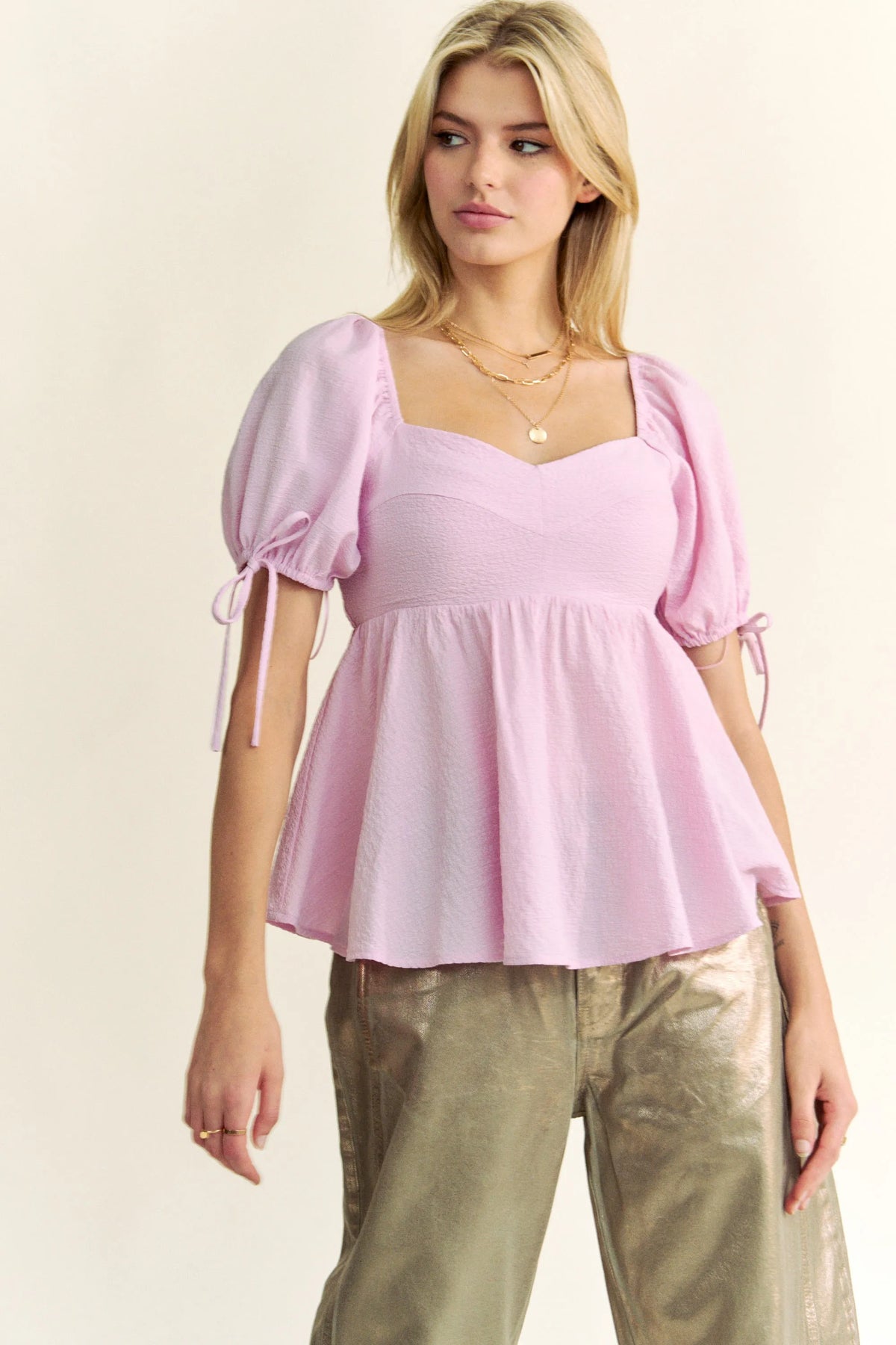 Davi & Dani Solid Elastic Peplum Puffed Sleeves Blouse - Lilixa.store