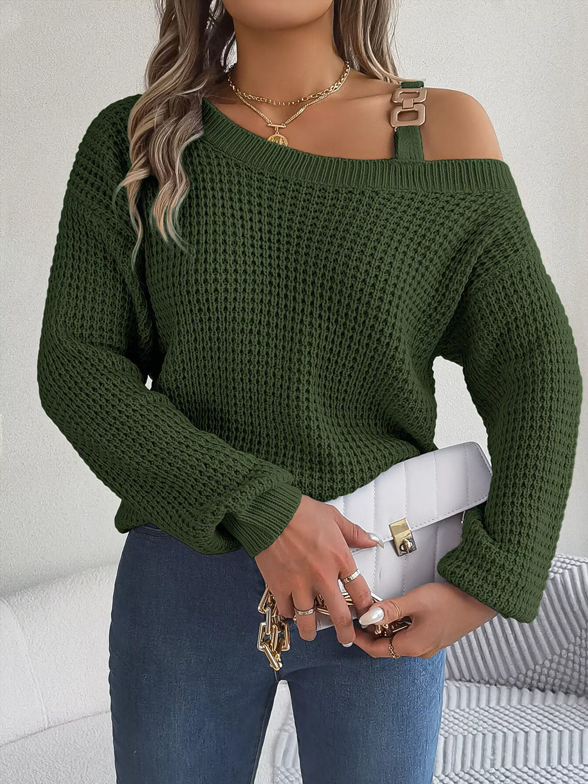 Asymmetrical Neck Long Sleeve Sweater - Lilixa.store