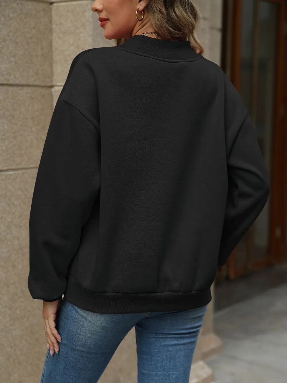 V-Neck Long Sleeve Dropped Shoulder Sweatshirt - Lilixa.store