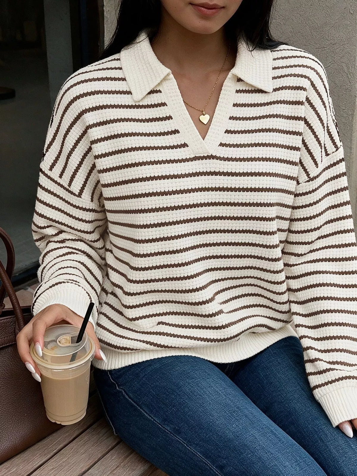 Striped Polo Collar Knit Sweatshirt - Lilixa.store