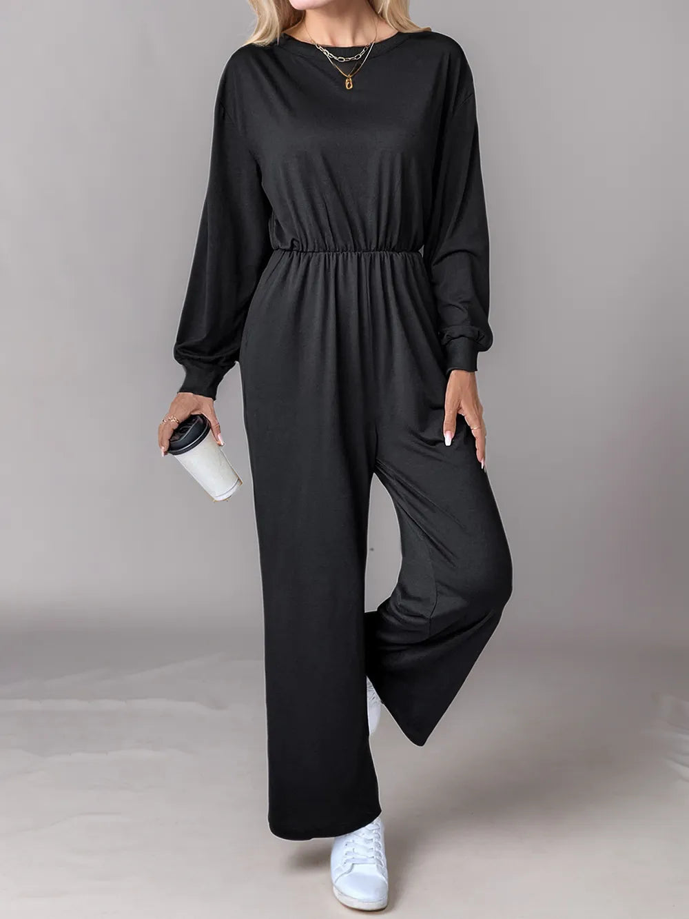 Tied Round Neck Wide Leg Jumpsuit in Black, view 4