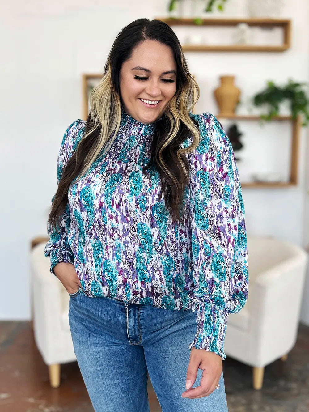 Double Take Full Size Printed Smocked Long Sleeve Blouse - Lilixa.store