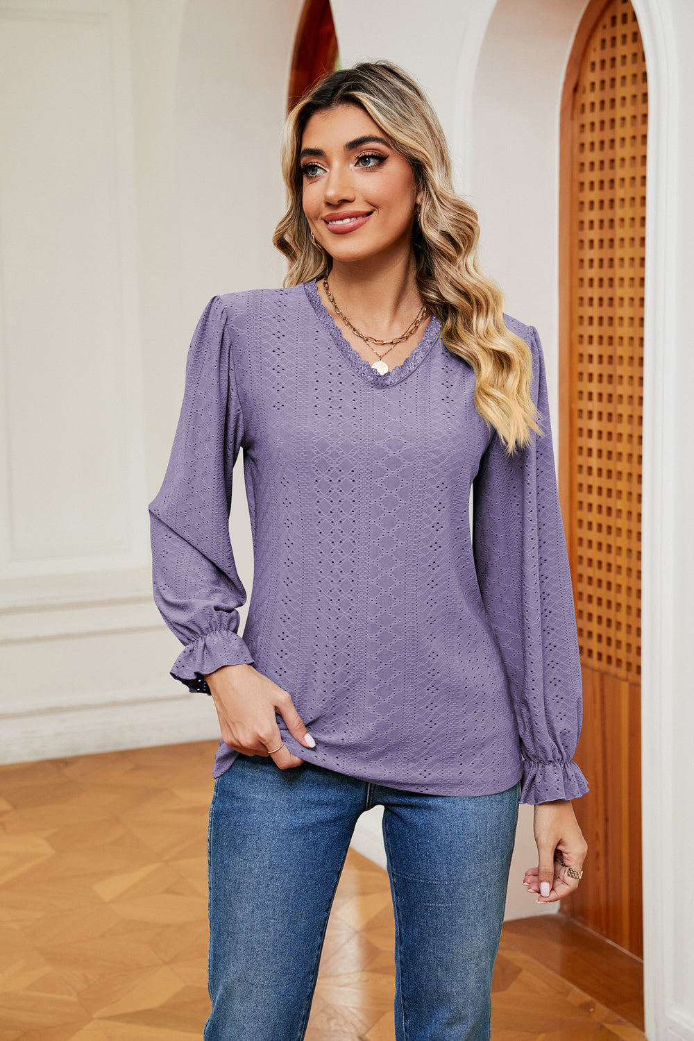 V-Neck Flounce Sleeve Blouse - Lilixa.store