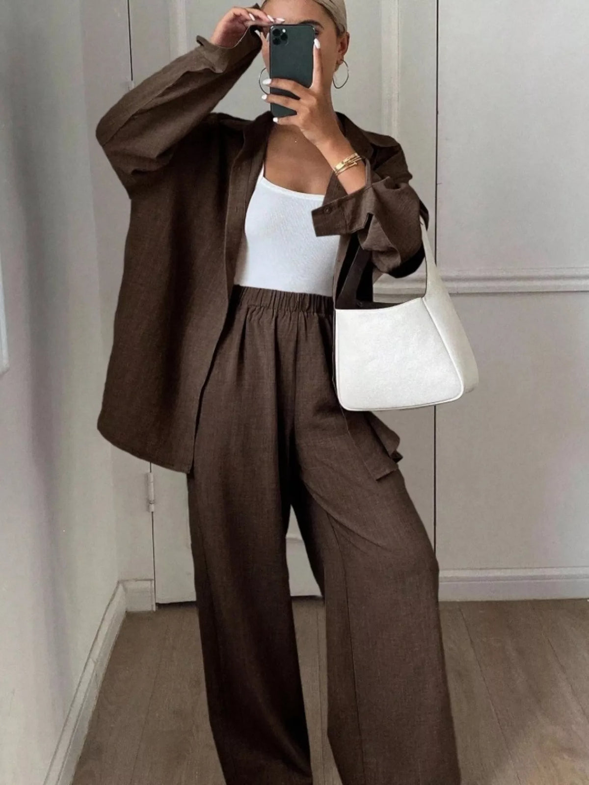 Button-Down Shirt and Wide-Leg Pants Set, view 13
