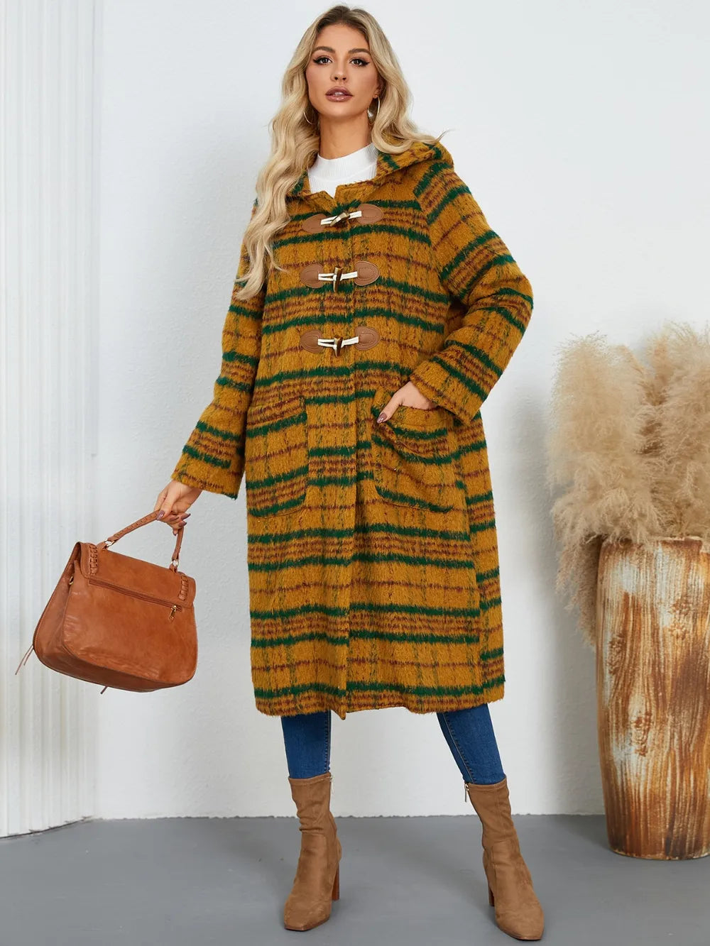 Plaid Long Sleeve Hooded Coat with Pockets, view 11