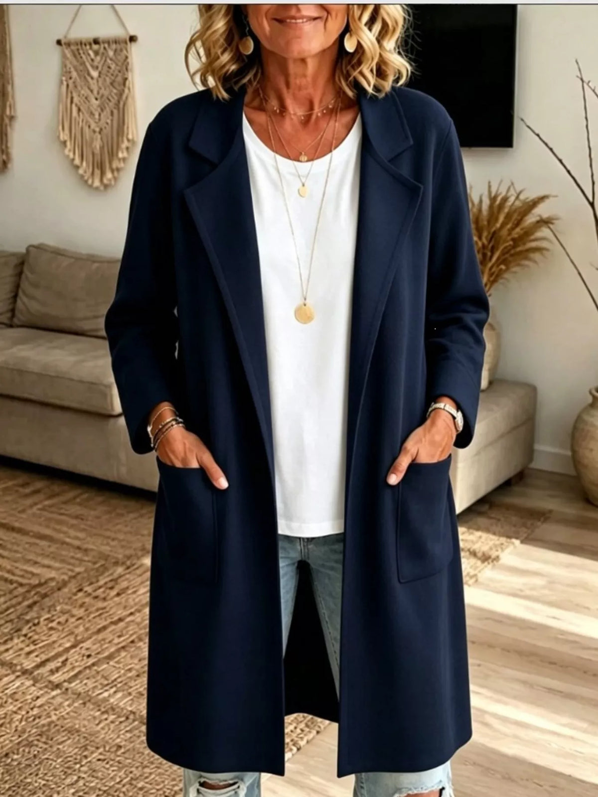 Full Size Open-Front Longline Knit Outerwear Plus Size in Navy Blue