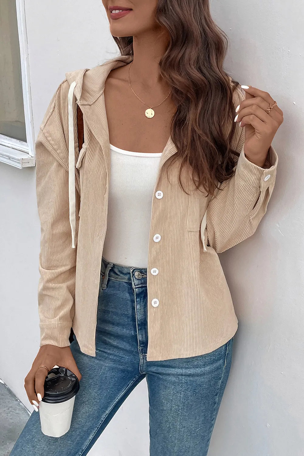 Perfee Ribbed Button Up Drawstring Hooded Jacket in Sand, view 3