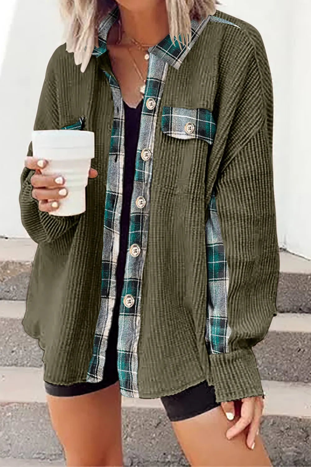 Plaid Button Down Collared Jacket in Green