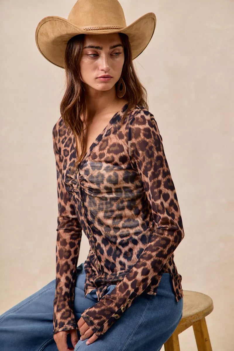 BiBi Leopard Printed Mesh Shirt With Button Up V Neck - Lilixa.store