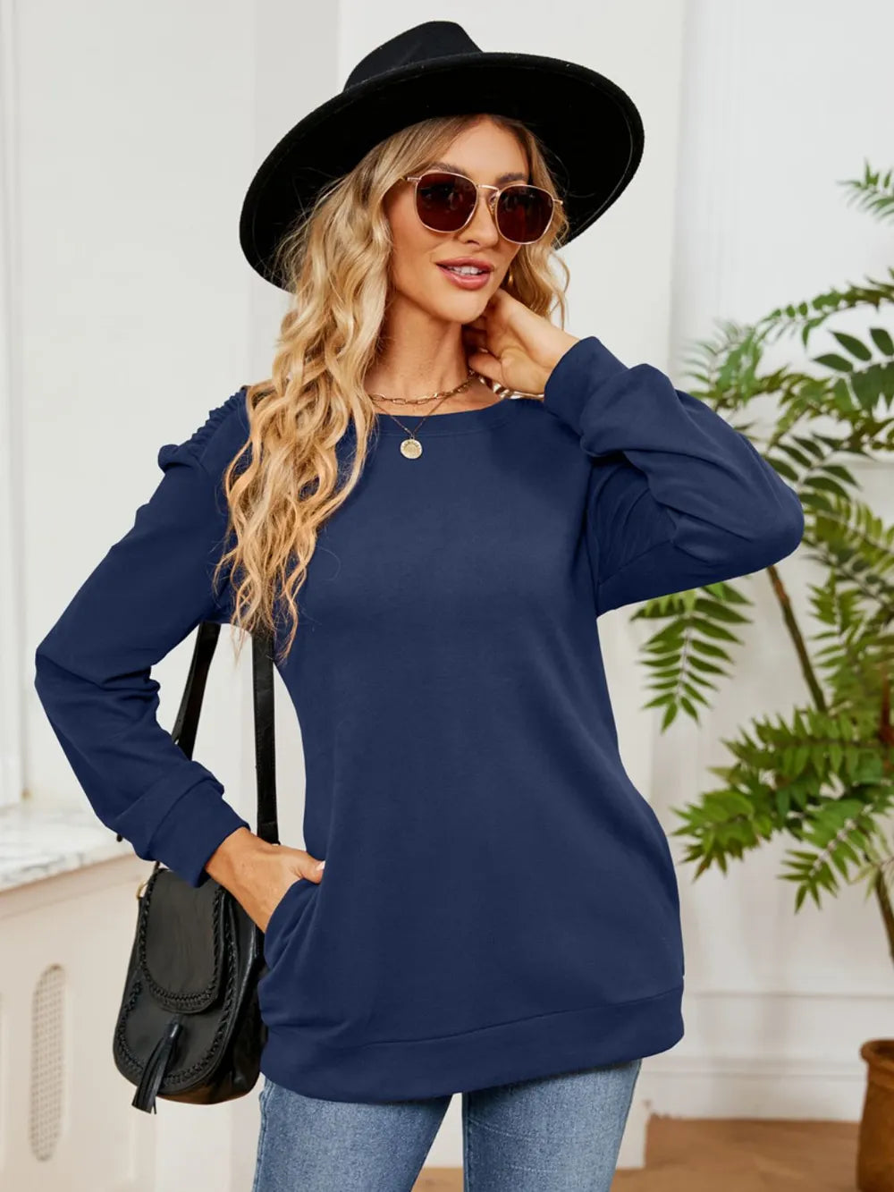 Ruched Shoulder Round Neck Long Sleeve Sweatshirt - Lilixa.store
