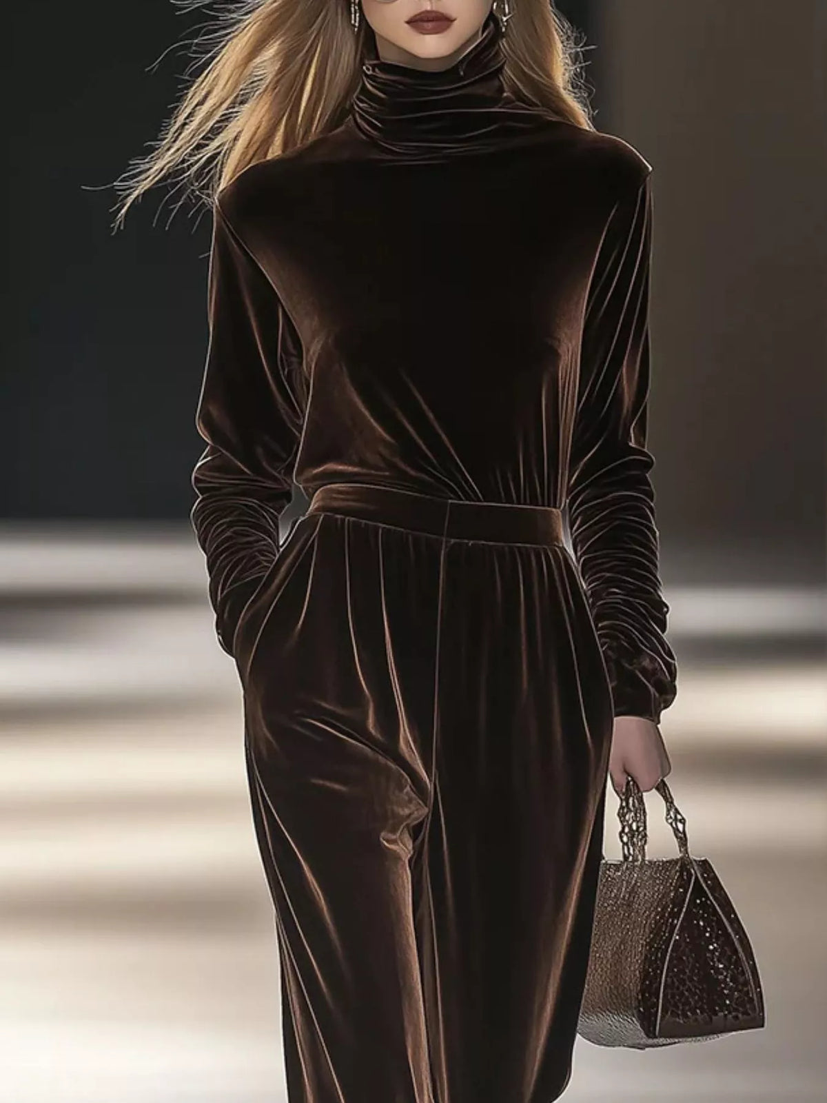 Full Size Velvet Turtleneck Long Sleeve Top and Wide-Leg Pants Set Plus Size - Lilixa.store